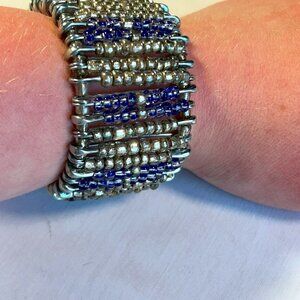 Vintage Stretchy Purple & Silver Beaded Safety Pin Bracelet